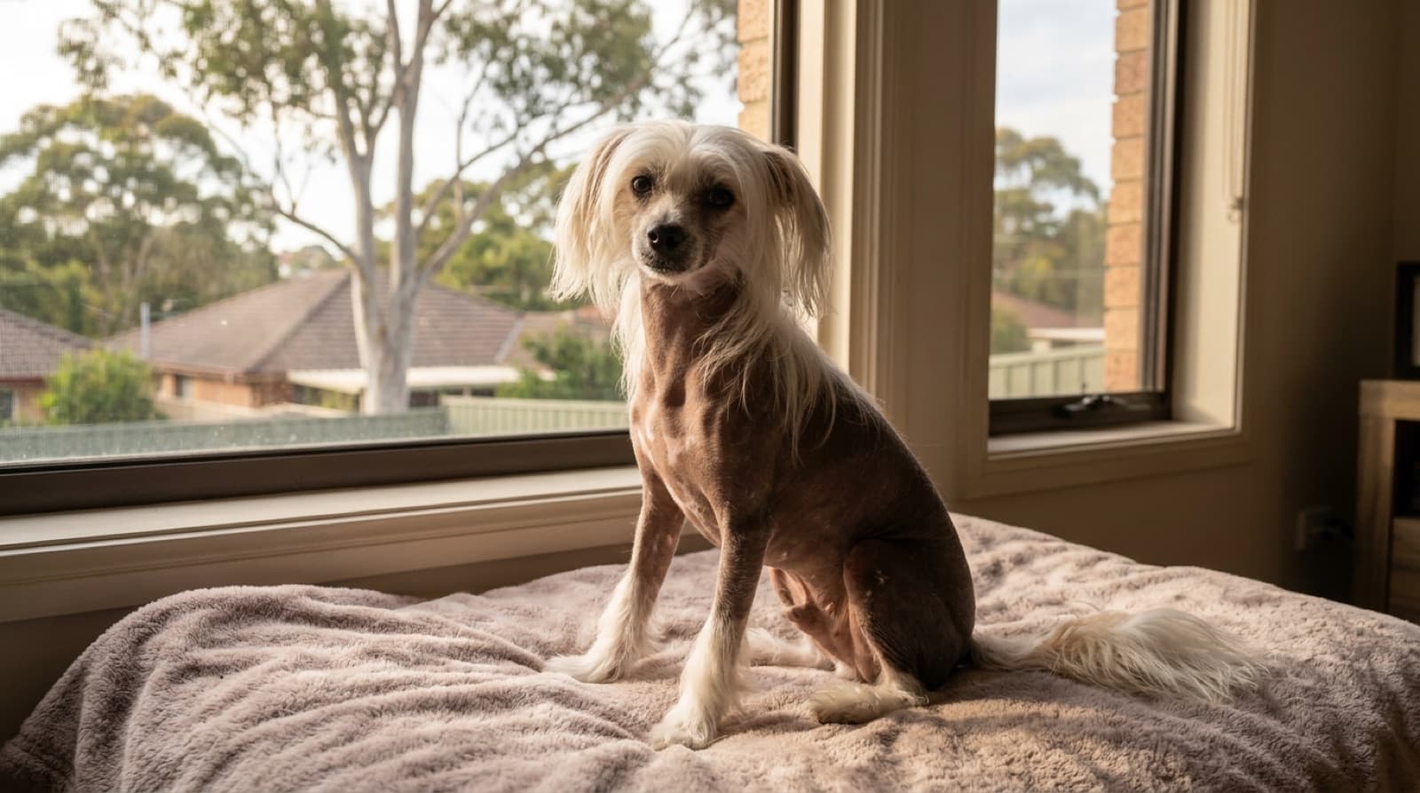 A small Hairless Chinese Crested with soft exposed skin, a flowing crest on the head and feathered socks, sitting alertly on a shaded Sydney veranda, representing the striking, sensitive toy companion that turns up for adoption across Sydney and NSW rescues