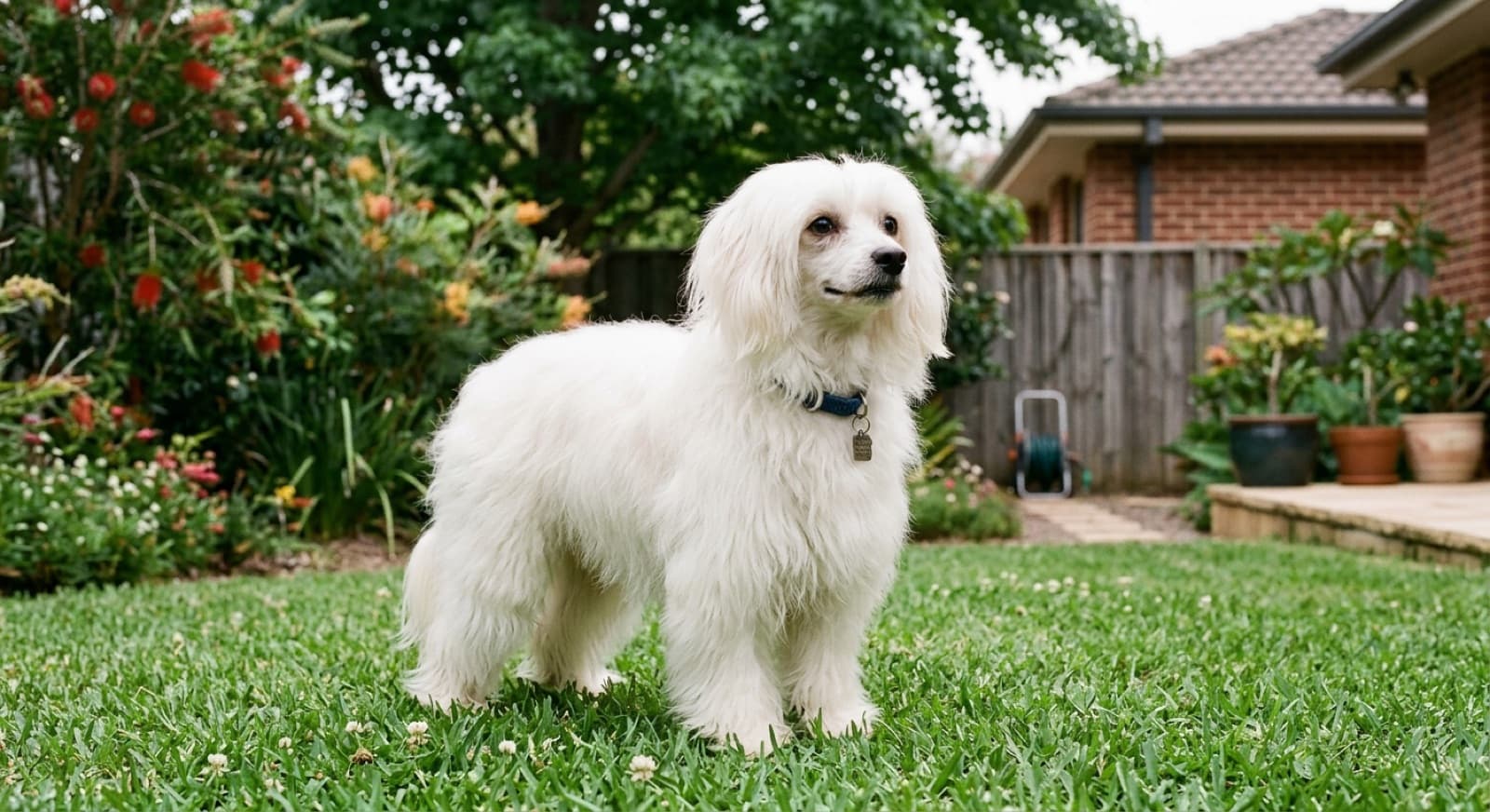A small Chinese Crested dog with a fine crest of hair on its head sitting alert in a sunny Sydney backyard, a long-lived toy breed