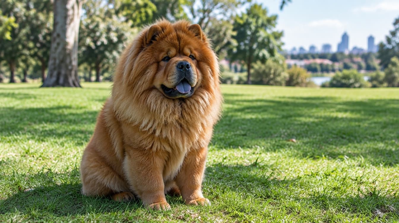 A red thick-coated Chow Chow with a lion-like mane standing on dry golden grass in a shaded sunny Perth park, representing the dignified aloof spitz dogs occasionally available for adoption across Perth and Western Australia rescues