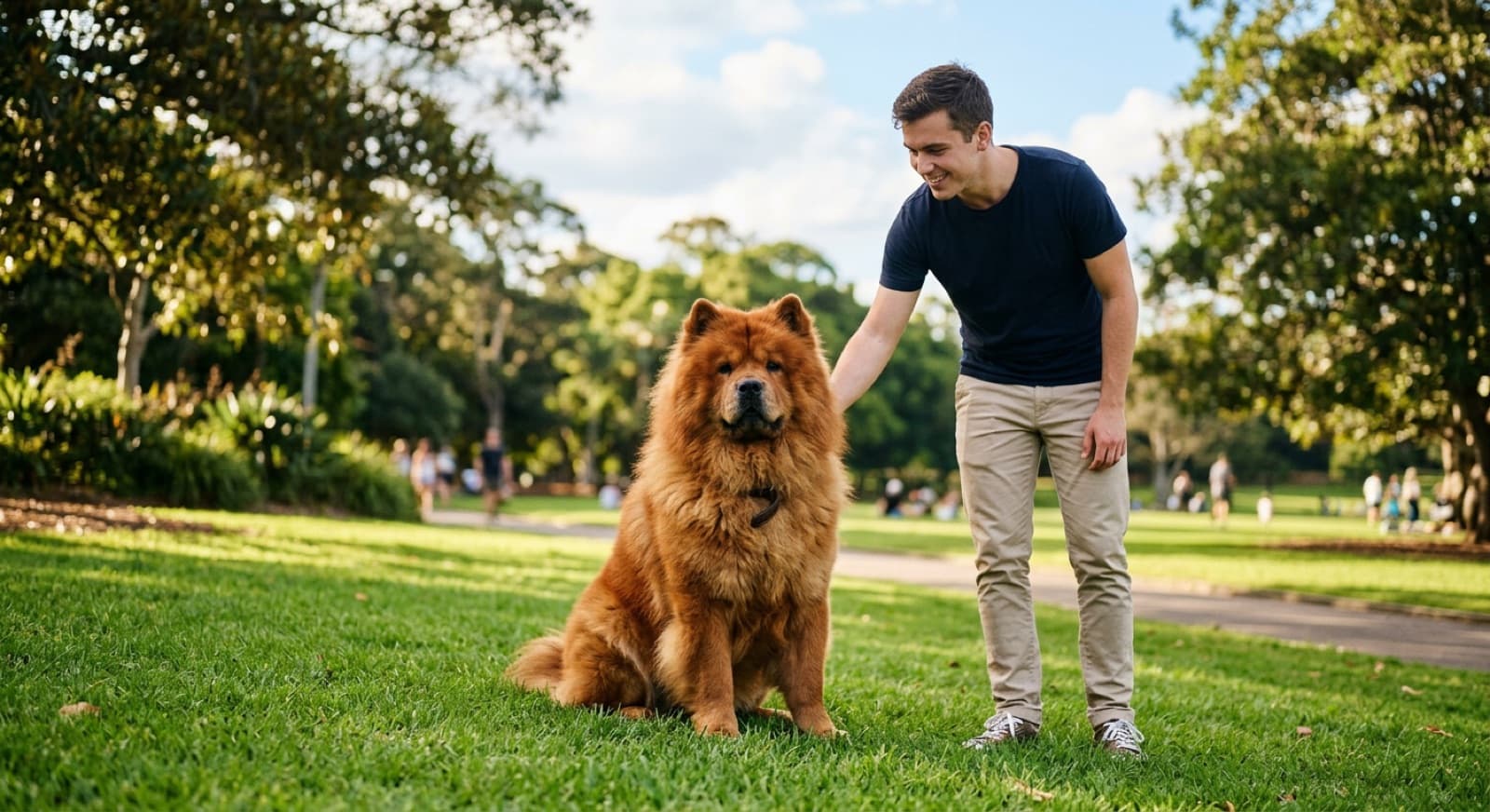A Chow Chow with a dense lion-like mane and stocky dignified frame standing calm on the grass in a sunny Sydney park, representing the aloof ancient Spitz breed that turns up for adoption across Sydney and NSW rescues