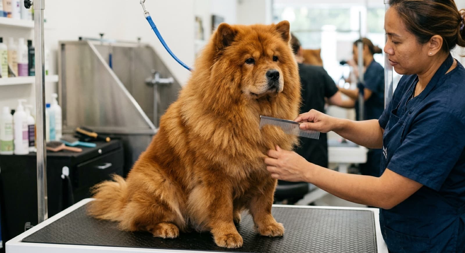 A rough-coat Chow Chow with its thick lion-mane coat sitting calm and dignified beside its owner in a shaded Sydney backyard