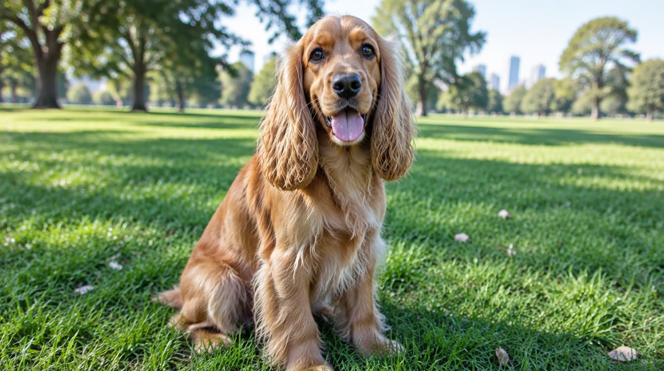 A golden Cocker Spaniel with long feathered ears sitting on the grass in an Adelaide park, representing the rescue Cocker Spaniels available for adoption across South Australia