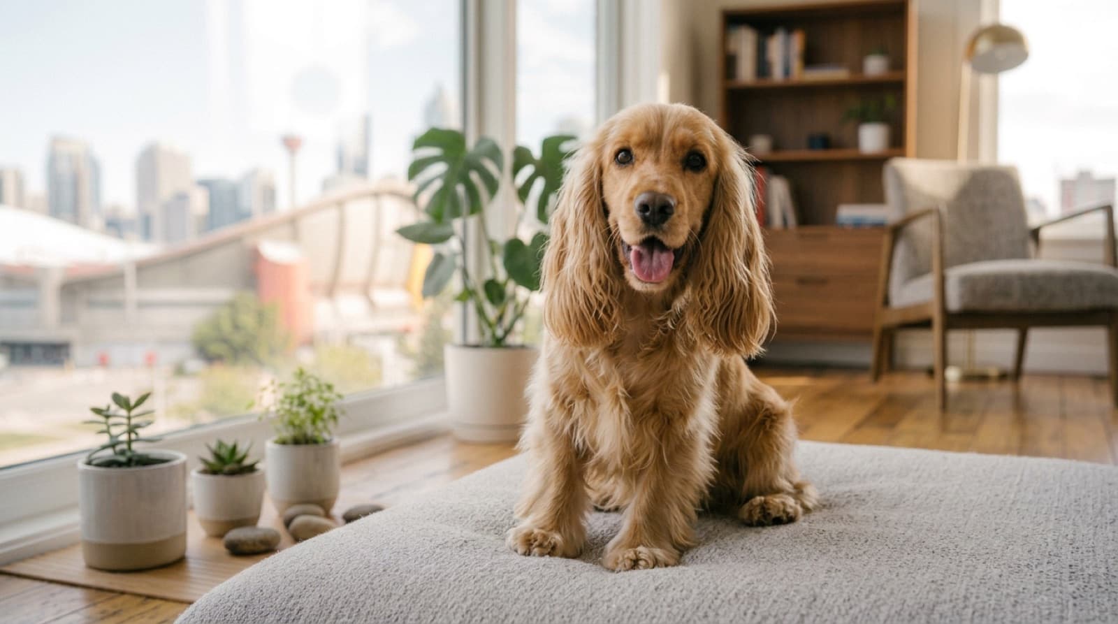 A golden Cocker Spaniel with long feathered ears and a silky coat sitting on grass in a sunny Sydney park, representing the merry gundogs occasionally available for adoption across Sydney and NSW rescues