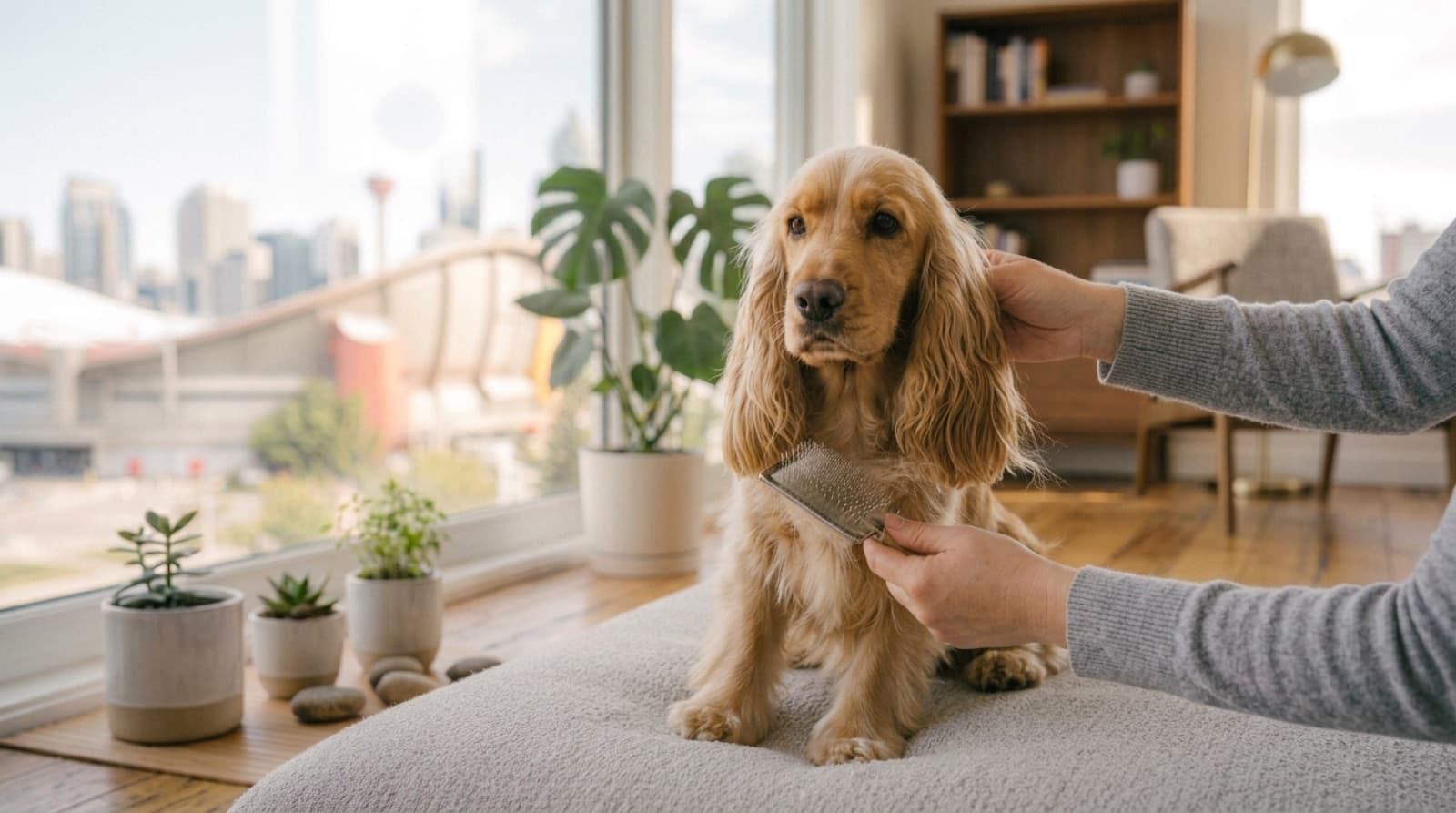 A golden Cocker Spaniel with long silky feathered ears being gently brushed on a table, the coat glossy and free of mats, showing the regular grooming a Cocker needs