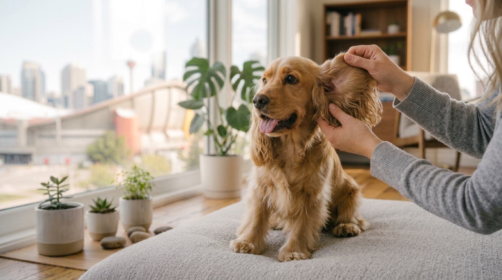 A happy golden Cocker Spaniel with long, feathered ears sitting on grass in a sunny Sydney park, a breed for which routine ear and eye care is the key to a long, comfortable life