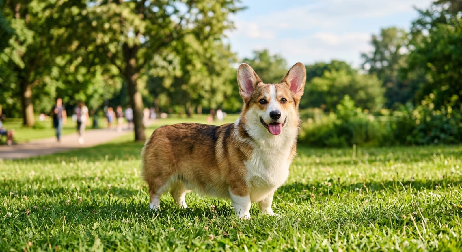 A Pembroke Welsh Corgi with big ears and short legs standing on green grass in a sunny Brisbane park, representing the herding dogs occasionally available for adoption across Queensland rescues