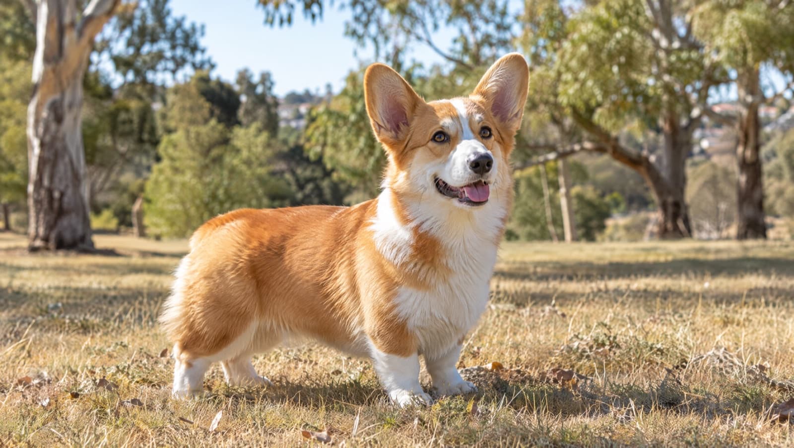 A red-and-white Pembroke Welsh Corgi with big upright ears and short legs standing on dry golden grass in a sunny Perth park, representing the herding dogs occasionally available for adoption across Western Australian rescues