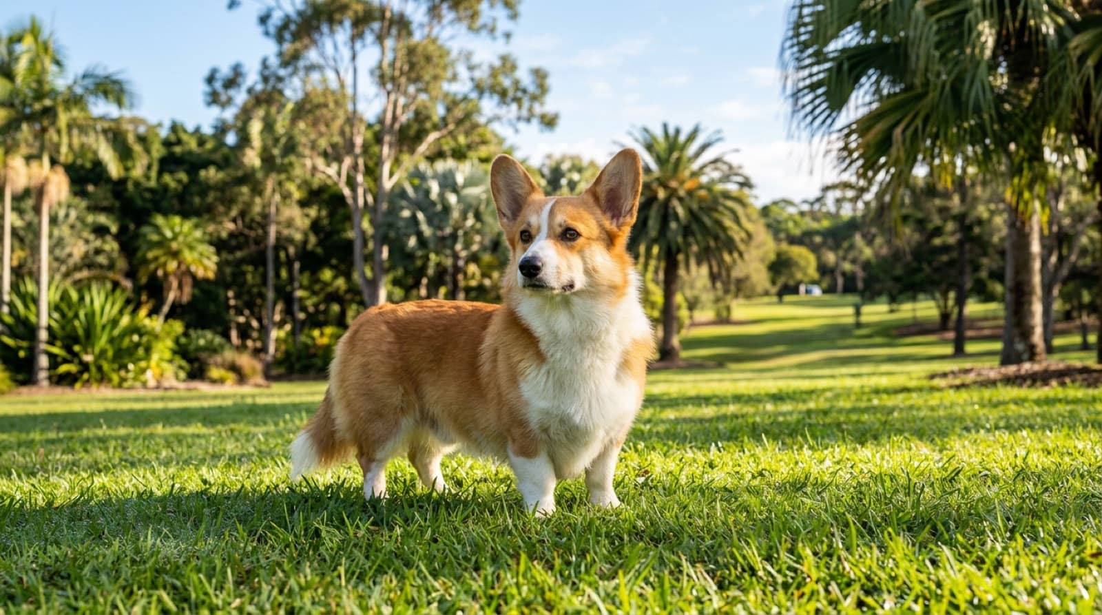 A Pembroke Welsh Corgi with big upright ears and short legs standing on green grass in a sunny Sunshine Coast park, representing the herding dogs occasionally available for adoption across Queensland rescues