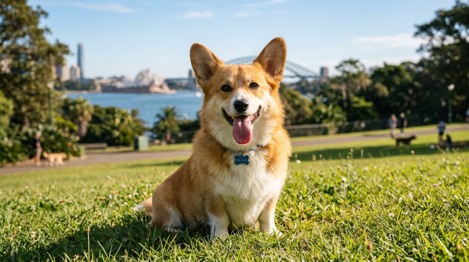 A Pembroke Welsh Corgi with big ears and short legs standing on grass in a sunny Sydney park, representing the herding dogs occasionally available for adoption across Sydney and NSW rescues