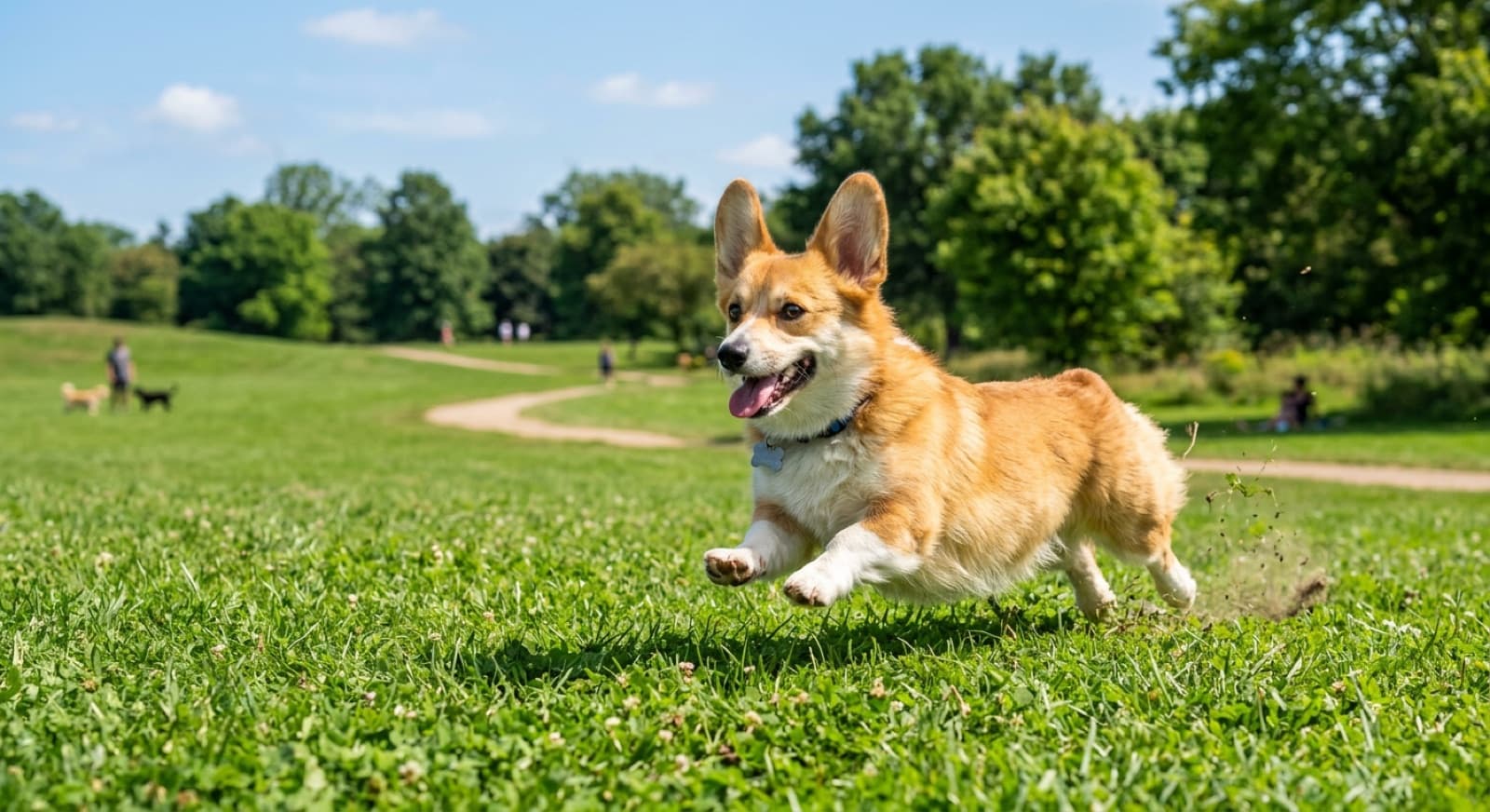 A Corgi running with its ears up across grass in a Brisbane park, representing the exercise and mental work the herding breed needs