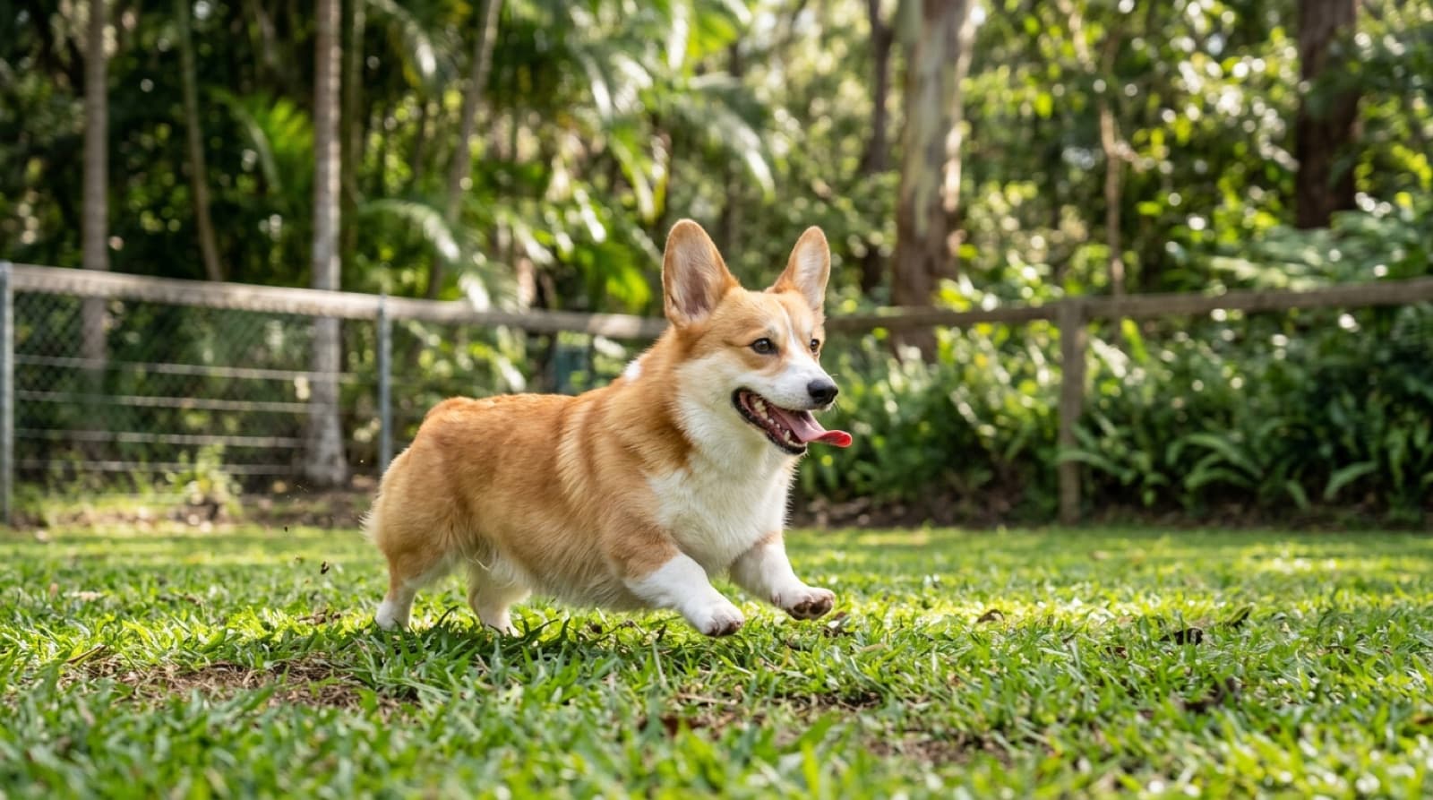 A red-and-white Pembroke Welsh Corgi with big upright ears and short legs running across grass in a Gold Coast park, representing the exercise and mental work the herding breed needs