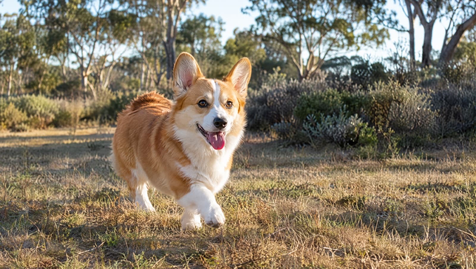 A red-and-white Pembroke Welsh Corgi with big upright ears and short legs trotting across dry golden grass in a sunny Perth park, representing the exercise and mental work the herding breed needs