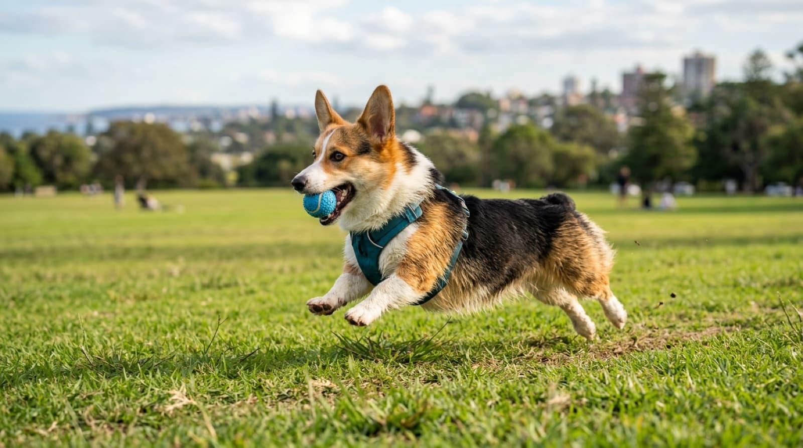 A Pembroke Welsh Corgi running with ears up and mouth open across the grass at a fenced Sydney off-leash park in the cool morning light, showing the energy and drive of a working herding breed