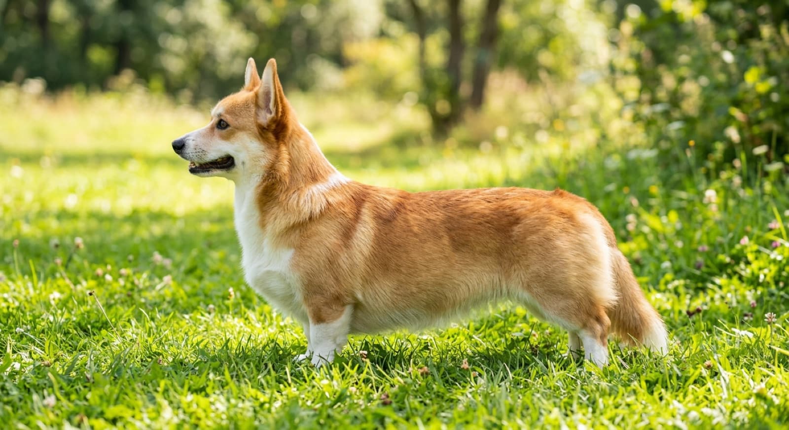 A healthy, lean adult Corgi standing on grass in a bright Australian setting, representing good weight and back management of the breed in the Brisbane climate