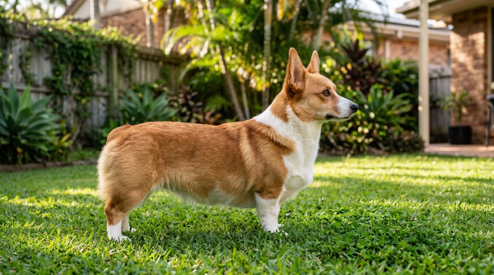 A healthy, lean adult red-and-white Pembroke Welsh Corgi with big upright ears standing on grass in a bright Gold Coast setting, representing good weight and back management of the breed in the SEQ climate