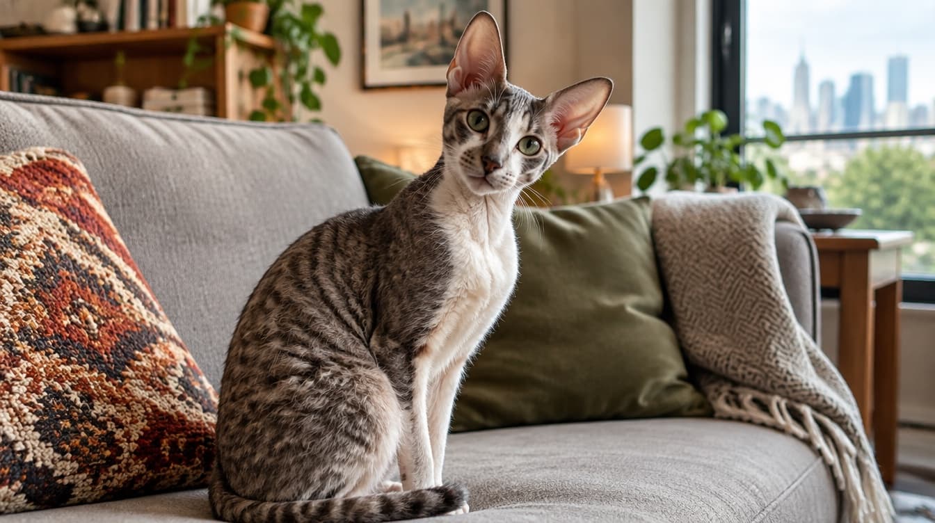 A slender curly-coated Cornish Rex cat curled up in a sunny spot in a Melbourne home, representing the Rex-type and playful cats that occasionally come up for adoption through Victorian rescues