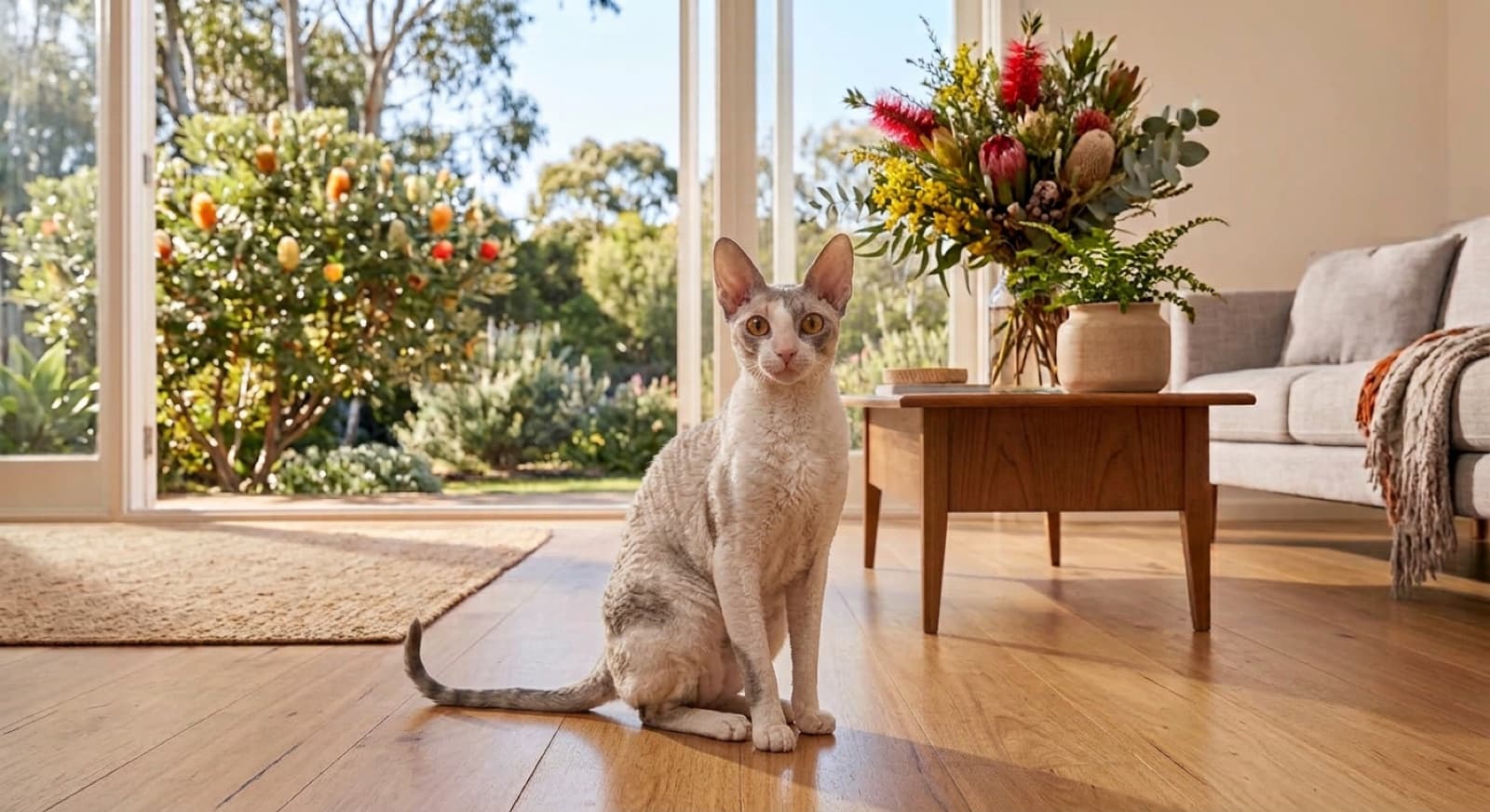 A slender, arched Cornish Rex cat with a soft tightly-waved coat, large high-set ears and an egg-shaped head perched alertly in a Sydney home, representing the Cornish Rex and wavy-coated crosses that occasionally come up for adoption in NSW rescues