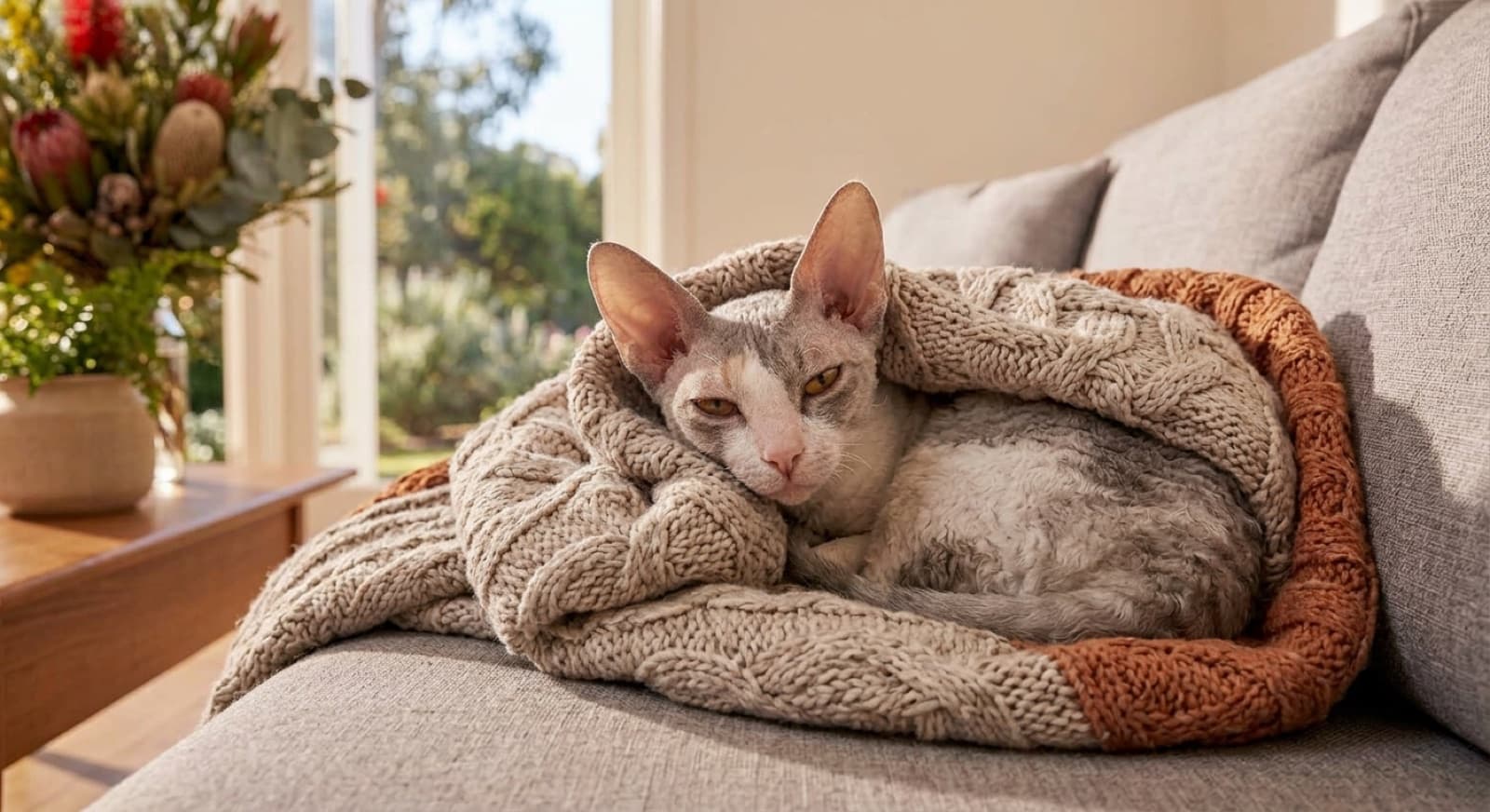 A soft wavy-coated Cornish Rex cat snuggled warmly in a soft blanket in a cosy Sydney home, illustrating the warmth this least-insulated breed seeks out and its delicate low-maintenance coat