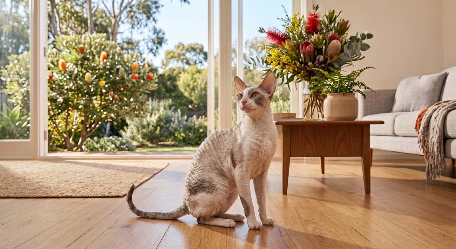 A healthy, slender Cornish Rex cat with a soft wavy coat and bright eyes sitting alertly in a bright Sydney home, illustrating the good condition a well-cared-for Cornish Rex stays in