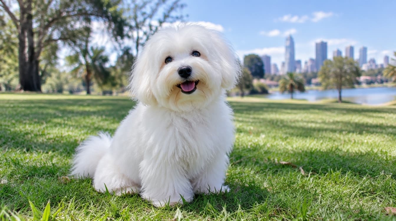 A small fluffy white Coton de Tulear sitting on the grass in a Melbourne park, representing the rescue Cotons available for adoption across Victoria