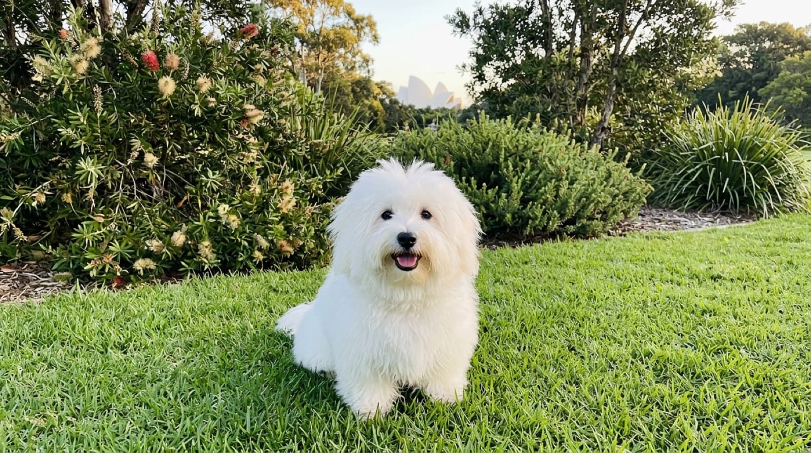 A small white Coton de Tuléar with a soft cotton-like coat and a bright, cheerful expression sitting on a sunny Sydney lounge, representing the devoted little companion breed that occasionally turns up for adoption across Sydney and NSW rescues