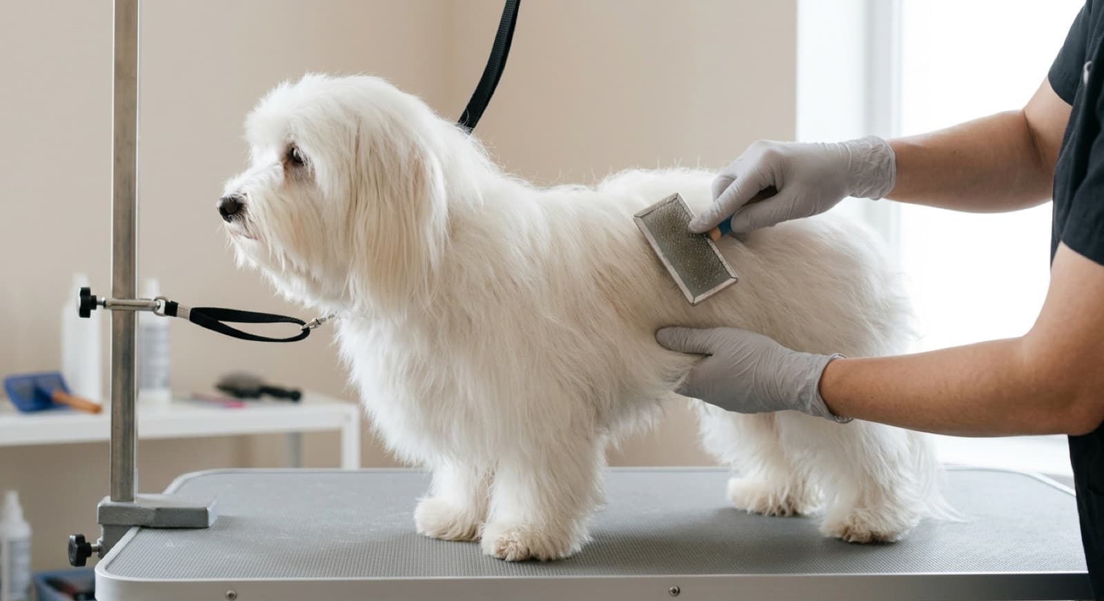 A fluffy white Coton de Tuléar with a long, soft cotton coat being brushed on a grooming table, showing the fine single coat that tangles and mats easily and needs daily brushing in Sydney