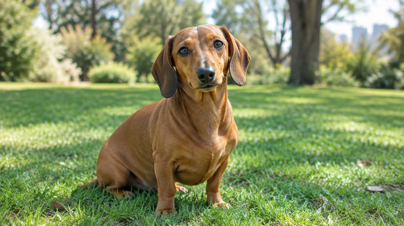 A tan dachshund sitting on the grass in a Melbourne park, representing the rescue Dachshunds available for adoption across Victoria