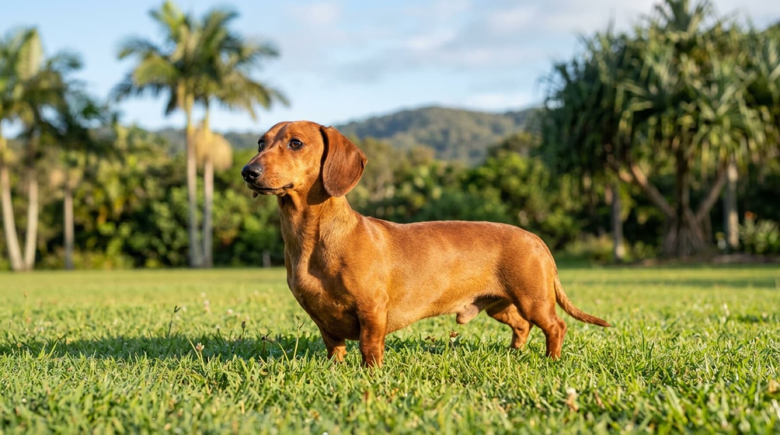 A smooth-coated Dachshund with a long body and short legs standing on grass in a sunny Sunshine Coast park, representing the sausage dogs occasionally available for adoption across Sunshine Coast and Queensland rescues