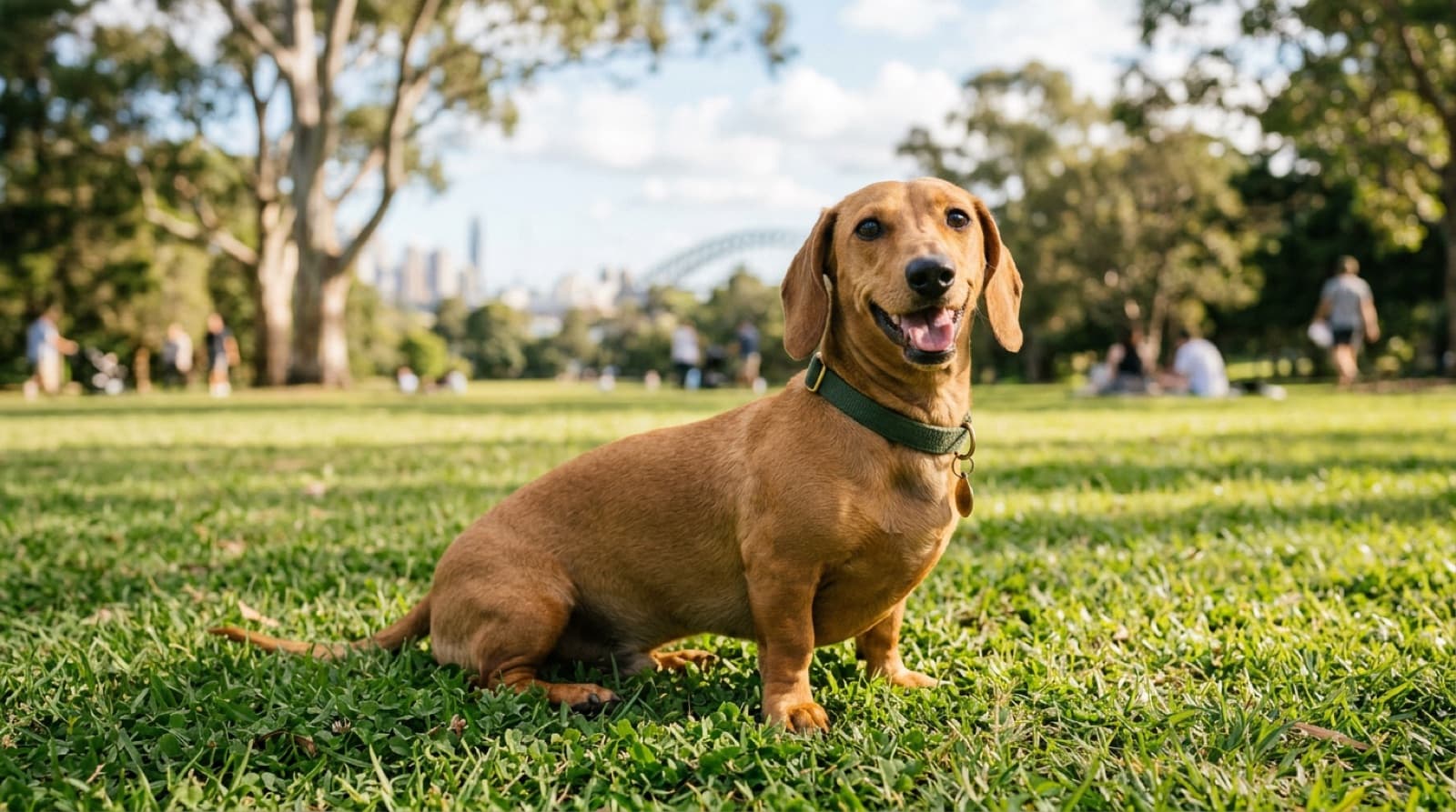 A smooth-coated Dachshund with a long body and short legs standing on grass in a sunny Sydney park, representing the sausage dogs occasionally available for adoption across Sydney and NSW rescues