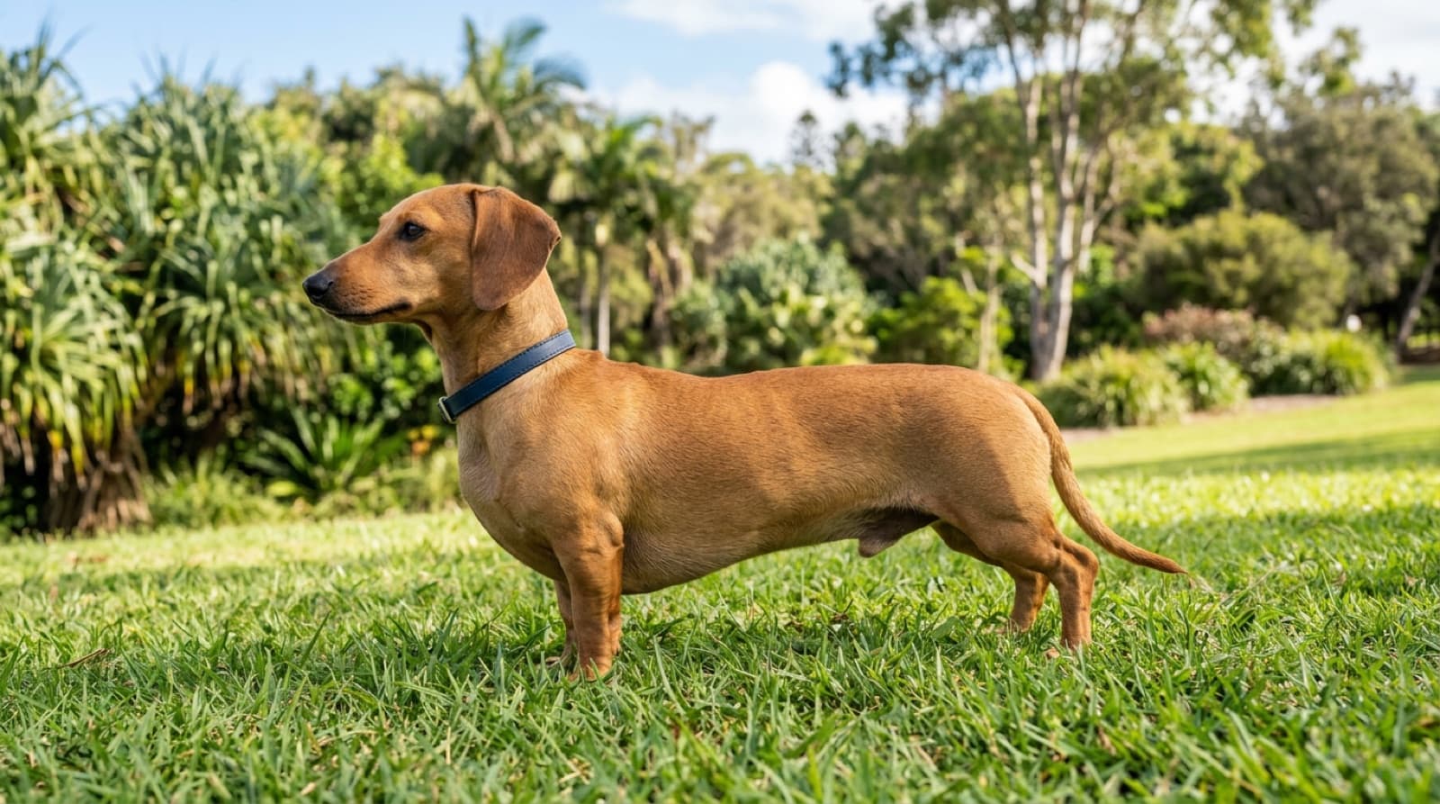 A healthy, lean Dachshund standing on grass in a sunny Gold Coast park, showing the long back and short legs that make weight management and spinal care so important for the breed