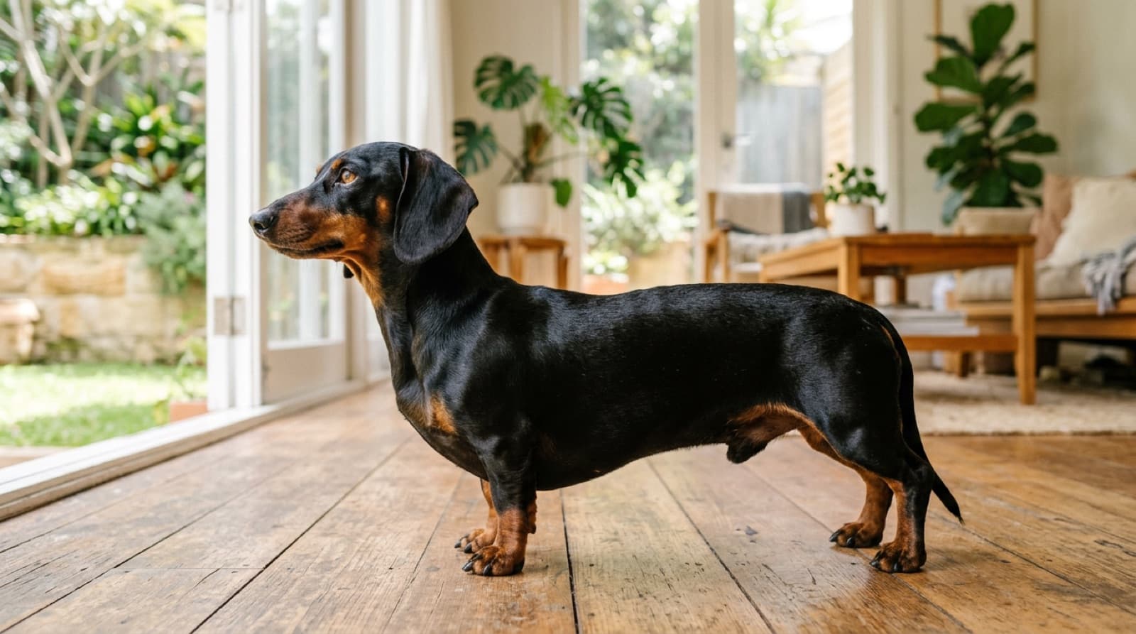 A healthy, lean Dachshund standing on grass in a sunny Sydney park, showing the long back and short legs that make weight management and spinal care so important for the breed
