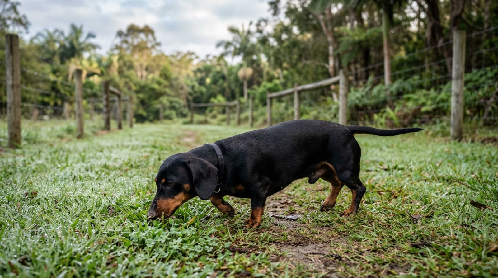 A tan smooth-coated Dachshund nose-down and sniffing intently along a grassy path in a fenced Gold Coast park in cool morning light, showing the scent-driven focus of a hunting breed