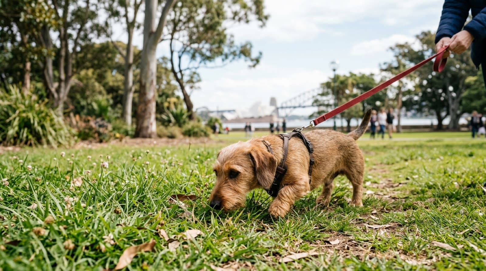 A tan smooth-coated Dachshund nose-down and sniffing intently along a grassy path in a fenced Sydney park in cool morning light, showing the scent-driven focus of a hunting breed