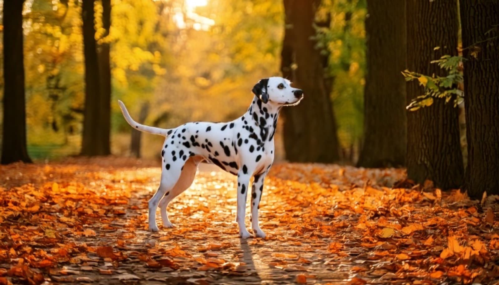 A Dalmatian standing on a leaf-covered path through an autumn park, representing the high-energy coach-dog purebred that turns up for adoption across Melbourne and Victorian rescues