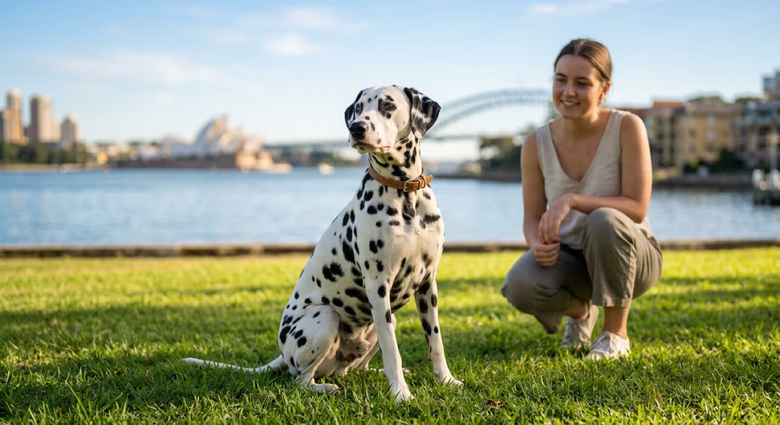 A white Dalmatian with black spots standing alert and athletic on the grass in a sunny Sydney park, representing the high-energy coach-dog purebred that turns up for adoption across Sydney and NSW rescues