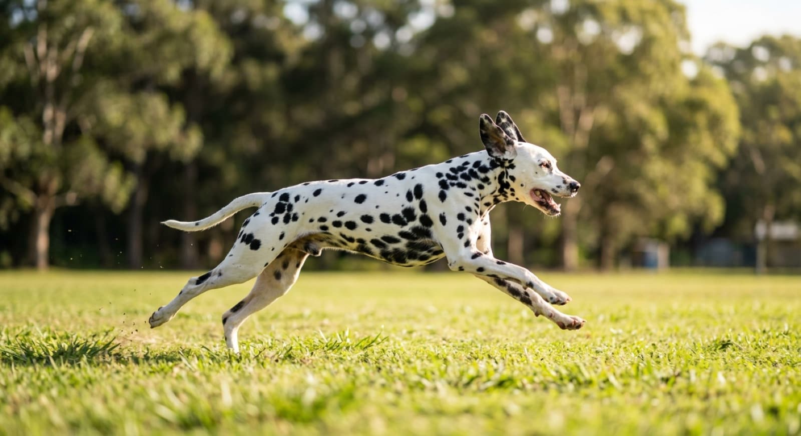 A spotted Dalmatian running at full stride across grass in a Sydney park, showing the athletic build and coach-dog stamina the breed was bred for