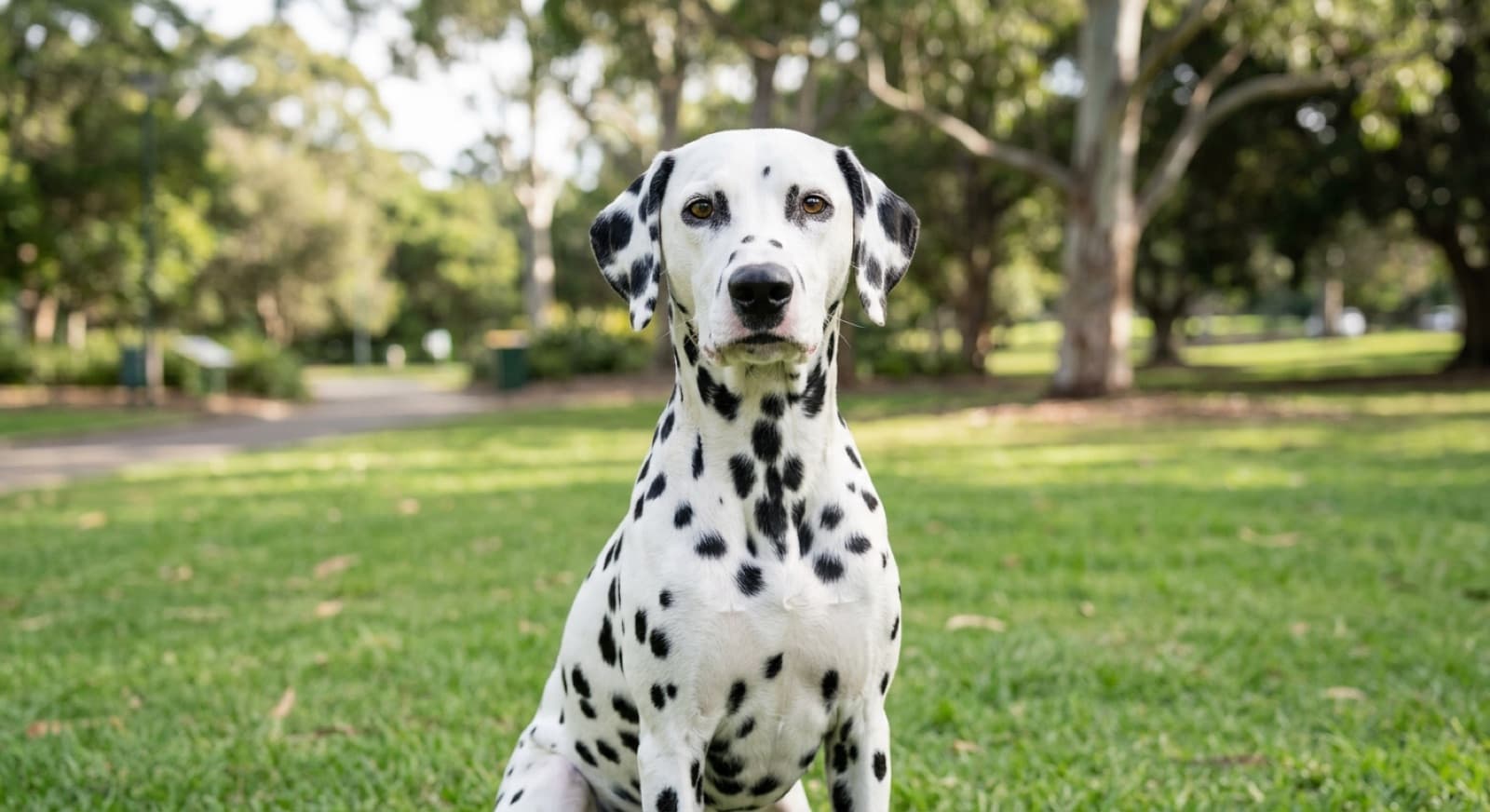 A white Dalmatian with black spots standing alert on grass in a Sydney park, a breed whose health hinges on its hearing and a low-purine, water-rich diet