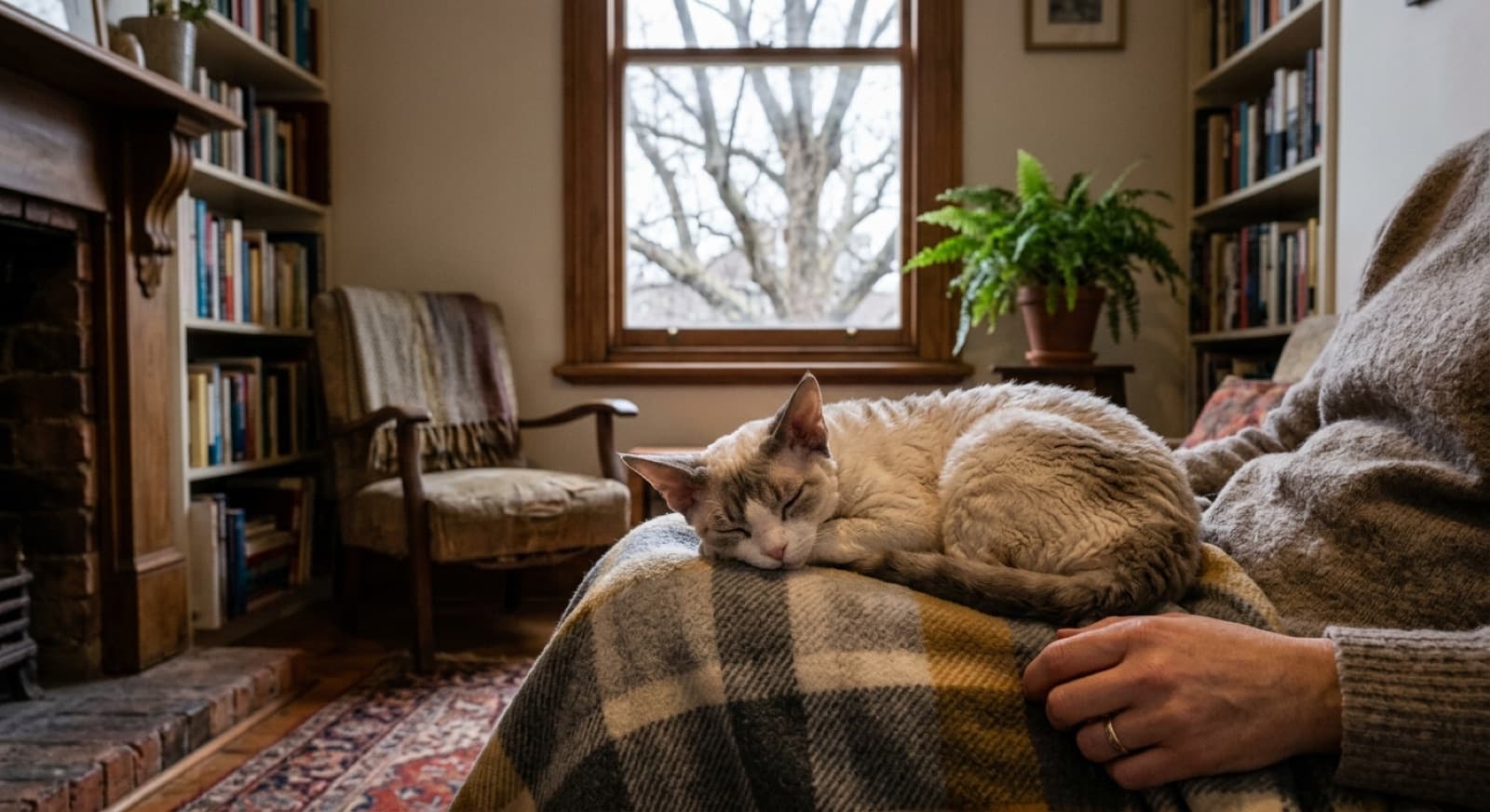 A curly-coated Devon Rex cat with very large ears and an elfin face curled on a warm blanket in a Melbourne home, representing the Devon Rex and curly-coated crosses that occasionally come up for adoption in Victoria