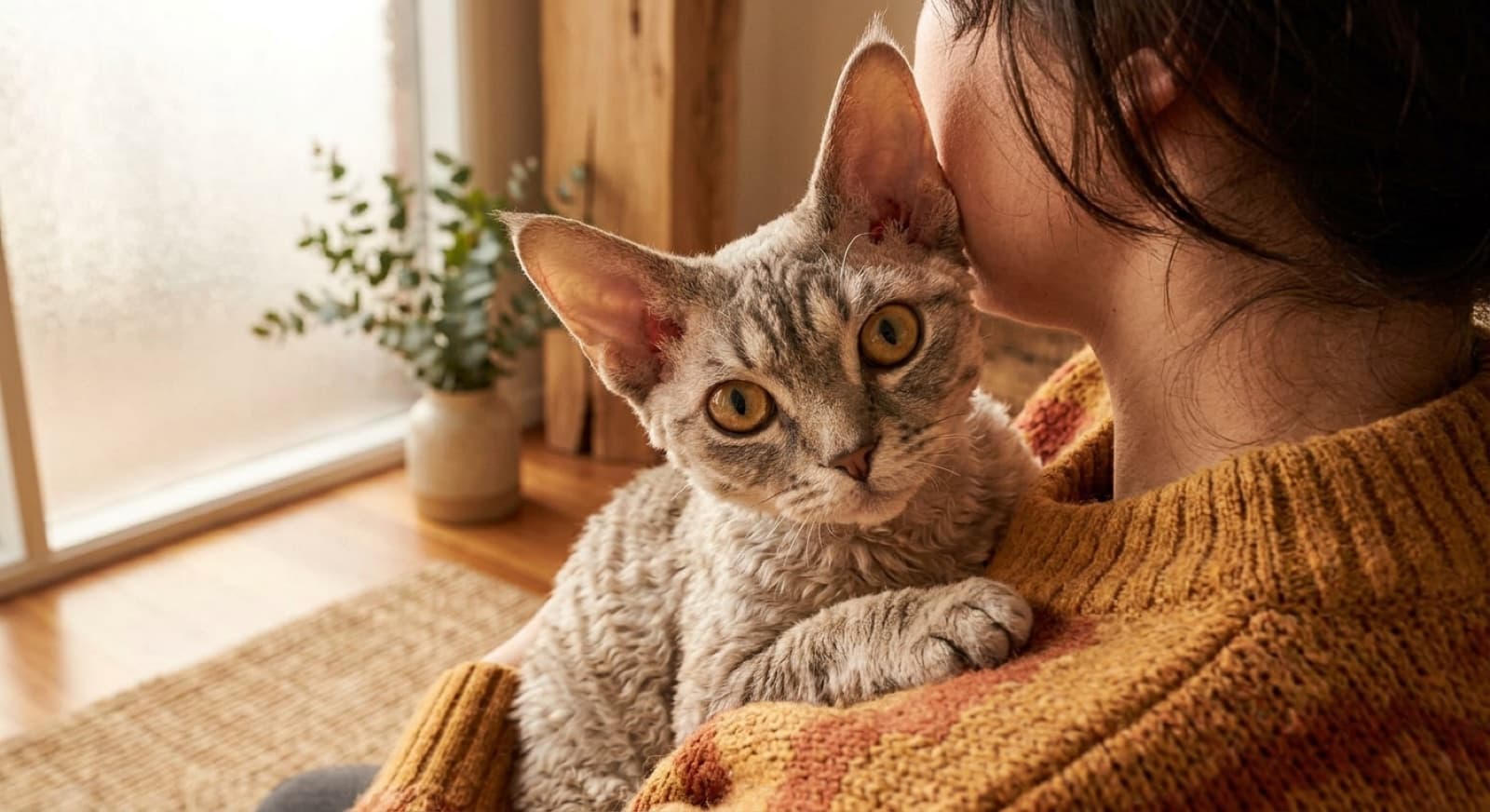 A curly-coated Devon Rex cat with very large ears, big eyes and an elfin face perched on a shoulder in a Sydney home, representing the Devon Rex and curly-coated crosses that occasionally come up for adoption in NSW rescues