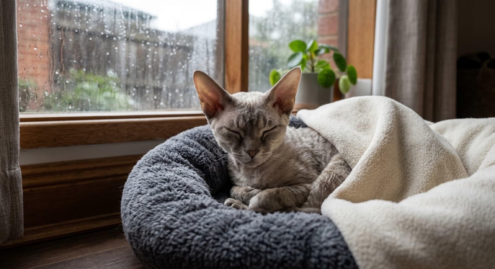 A curly-coated Devon Rex cat burrowed into a soft fleece blanket on a heated bed in a Melbourne home on a cool winter day, illustrating how a thin-coated breed seeks warmth