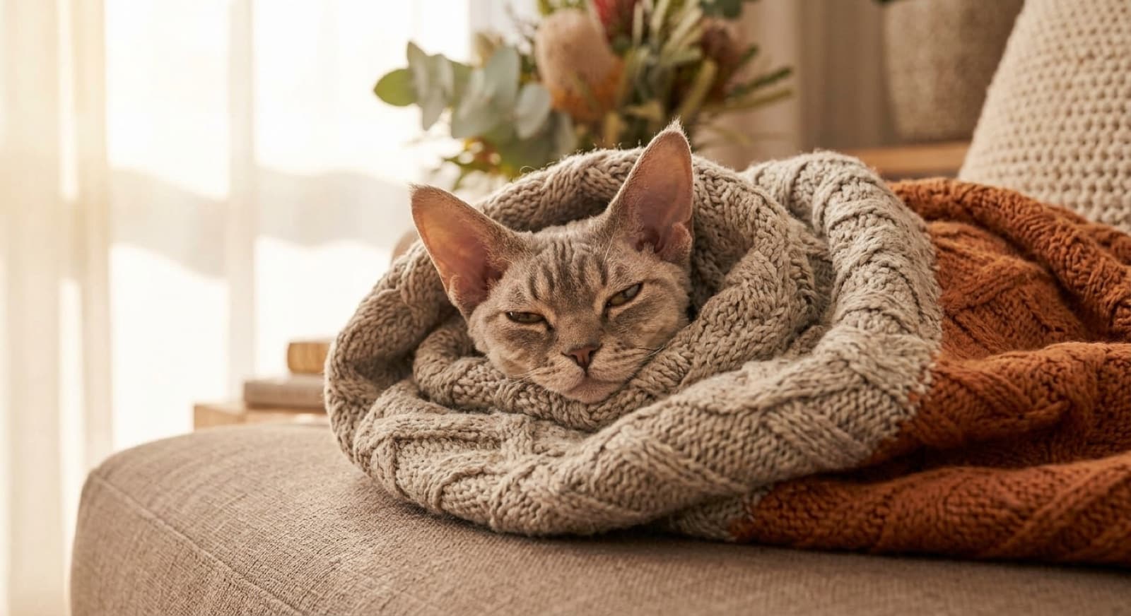 A curly-coated Devon Rex cat snuggled warmly in a soft blanket in a cosy Sydney home, illustrating the warmth a sparse-coated breed seeks out and its delicate low-maintenance coat