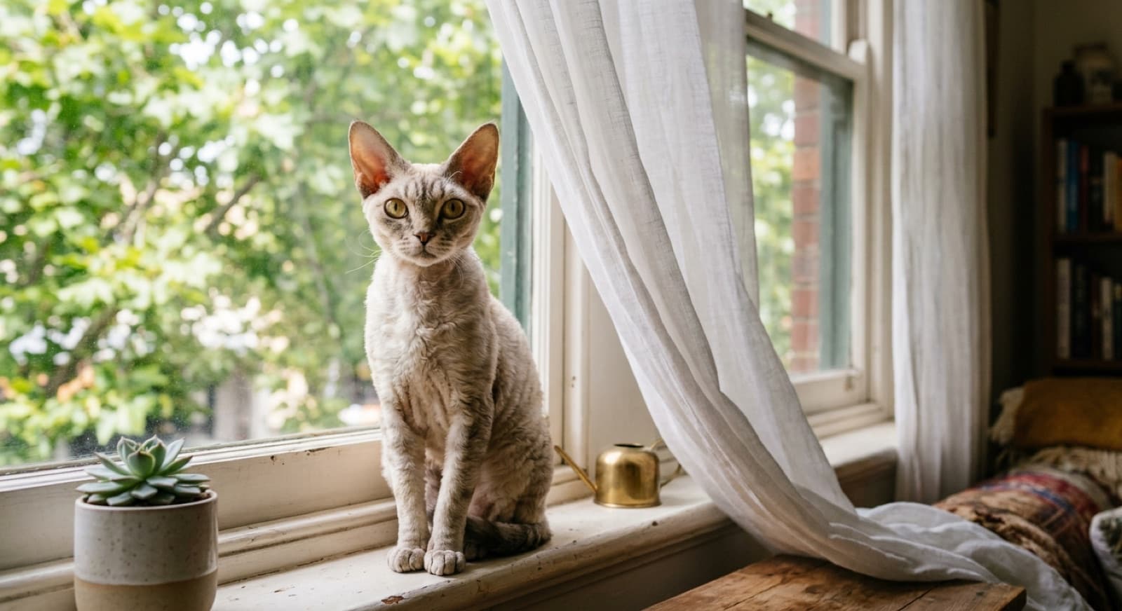 A healthy, alert Devon Rex cat with large ears and a wavy coat sitting on a sunny but shaded windowsill in a Melbourne home, illustrating a well-cared-for Devon Rex