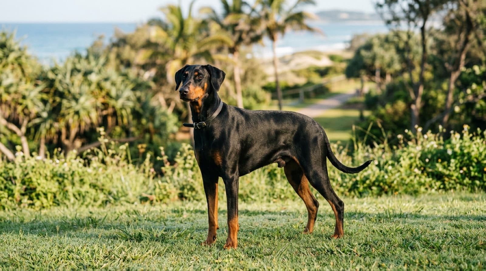 A sleek black-and-tan Doberman with natural floppy ears and a full tail standing on green grass in a sunny Gold Coast park, representing the guardian dogs available for adoption across Queensland rescues