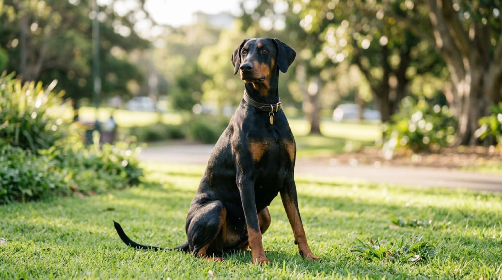 A sleek black-and-tan Doberman with natural floppy ears and a full tail standing alert on grass in a sunny Sydney park, representing the guardian dogs occasionally available for adoption across Sydney and NSW rescues