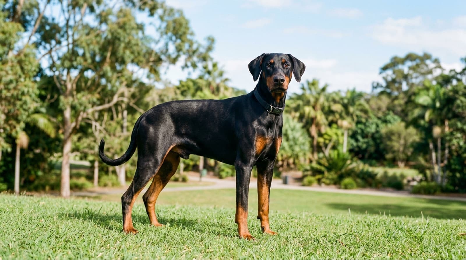 A healthy adult black-and-tan Doberman with natural uncropped ears and an undocked tail standing alert on grass in a bright Gold Coast setting, representing good health management of the breed in Queensland