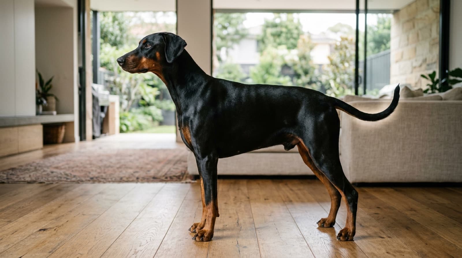 A sleek, healthy black-and-tan Doberman standing alert on grass in a sunny Sydney park, an athletic breed for which heart screening is the key to a long, healthy life