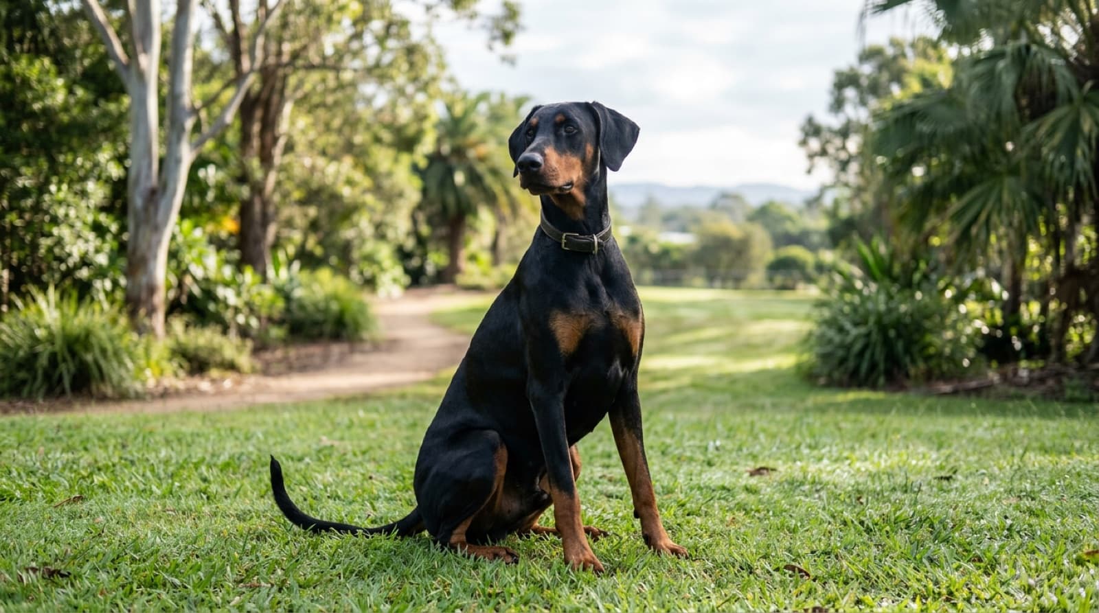 A black-and-tan Doberman with natural uncropped ears and an undocked tail sitting attentively beside its owner during a reward-based training moment in a Gold Coast park, representing the breed's intelligence and trainability
