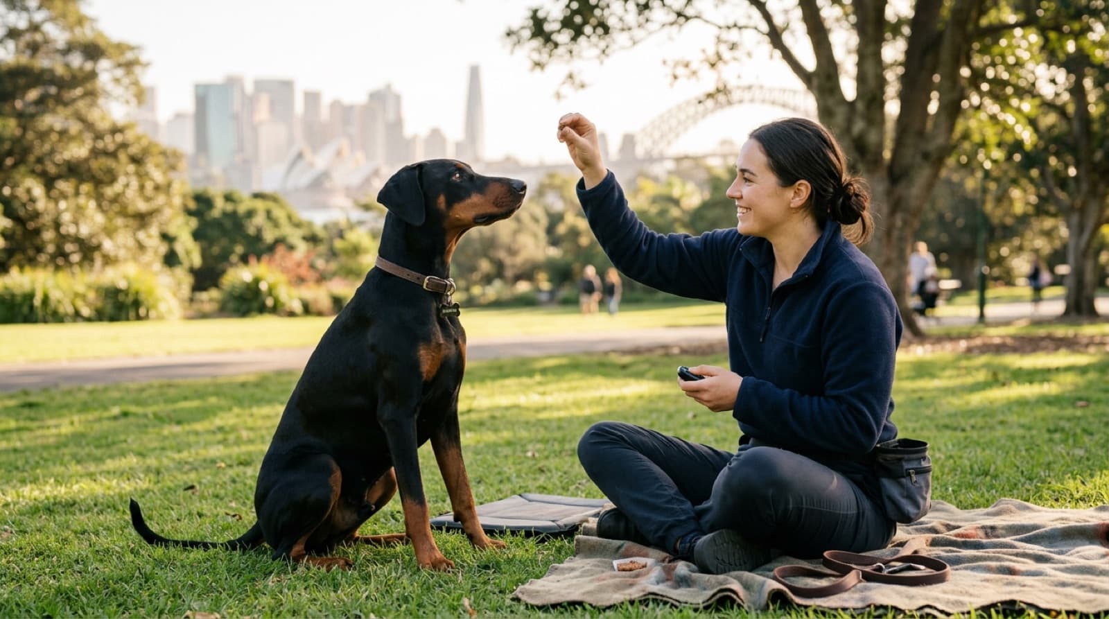 A sleek black-and-tan Doberman sitting attentively beside its owner on the grass at a Sydney park in the cool morning light, ears up and relaxed, showing the alert but calm temperament of a well-raised guardian breed