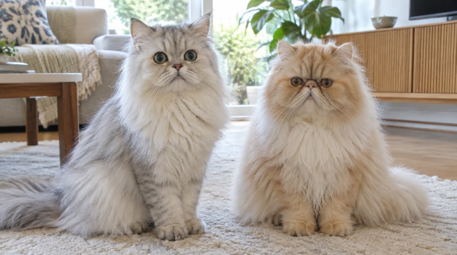Two Persian cats sitting on a cream rug, a silver doll-face Persian with a longer nose on the left and a cream flat-faced show type Persian on the right