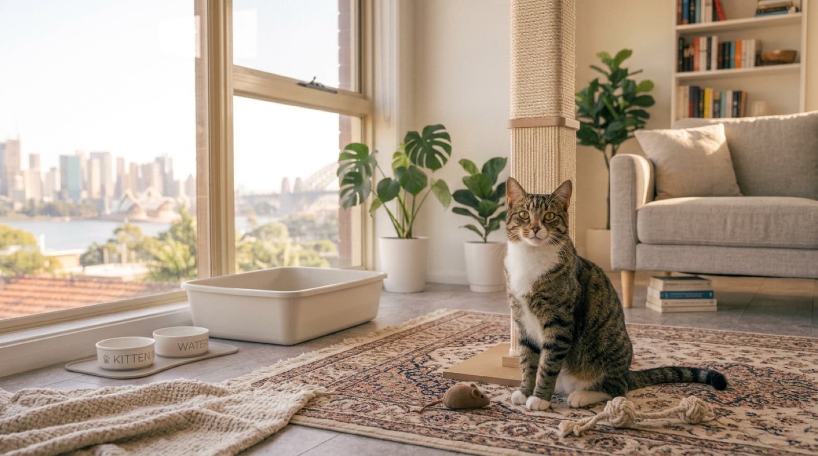 A brown tabby Domestic Shorthair moggy relaxing on a couch in a Brisbane home, representing the many mixed-breed rescue cats available for adoption across Brisbane and Queensland